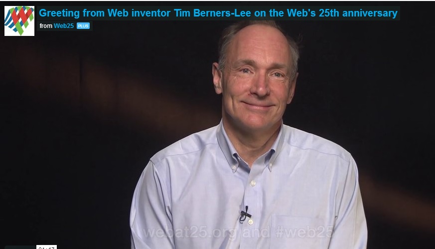 Screenshot of Sir Tim-Berners Lee in a video message at Web25.org